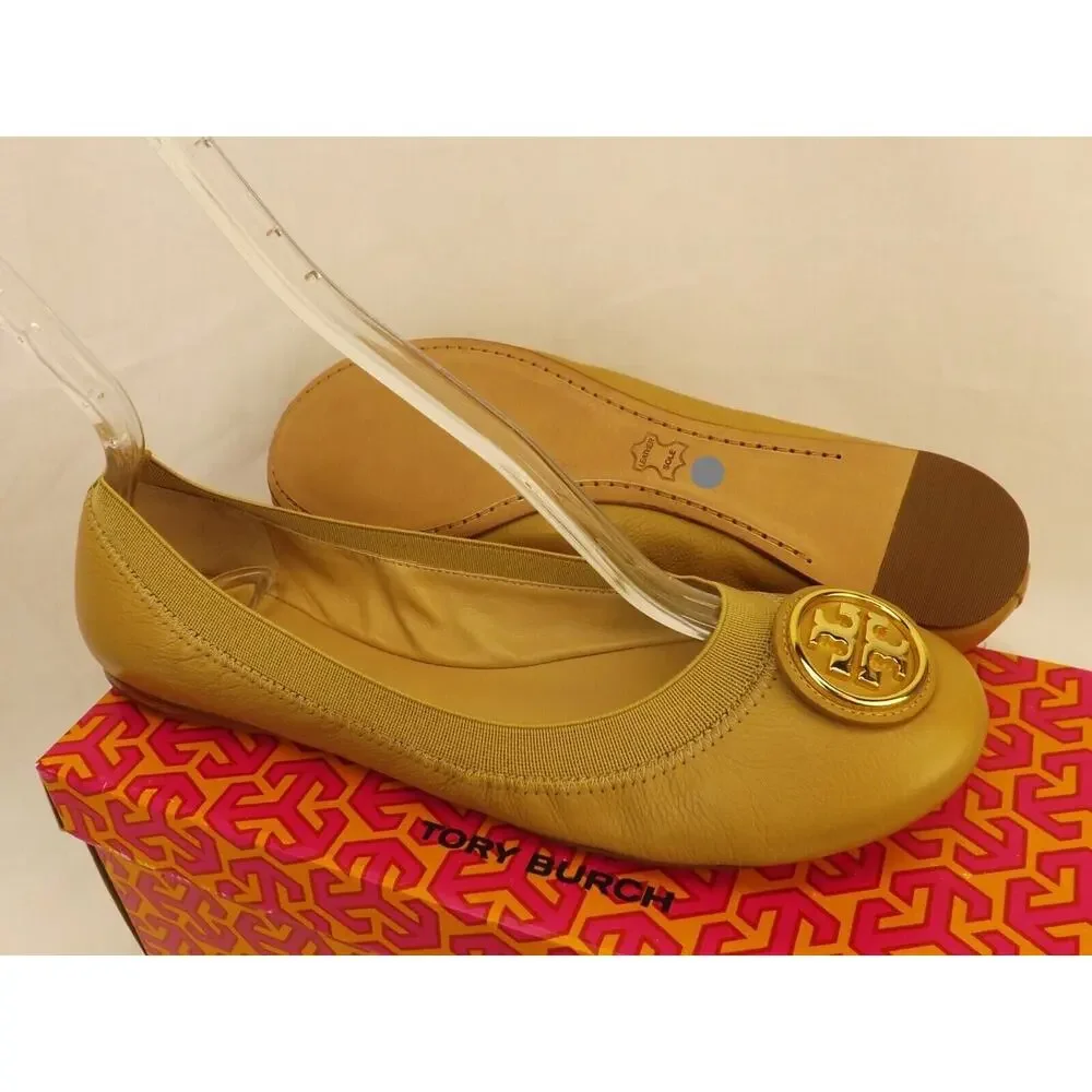 NIB TORY BURCH CAROLINE 2 DARK SAND LEATHER GOLD REVA NELLIE BALLET FLATS 7.5